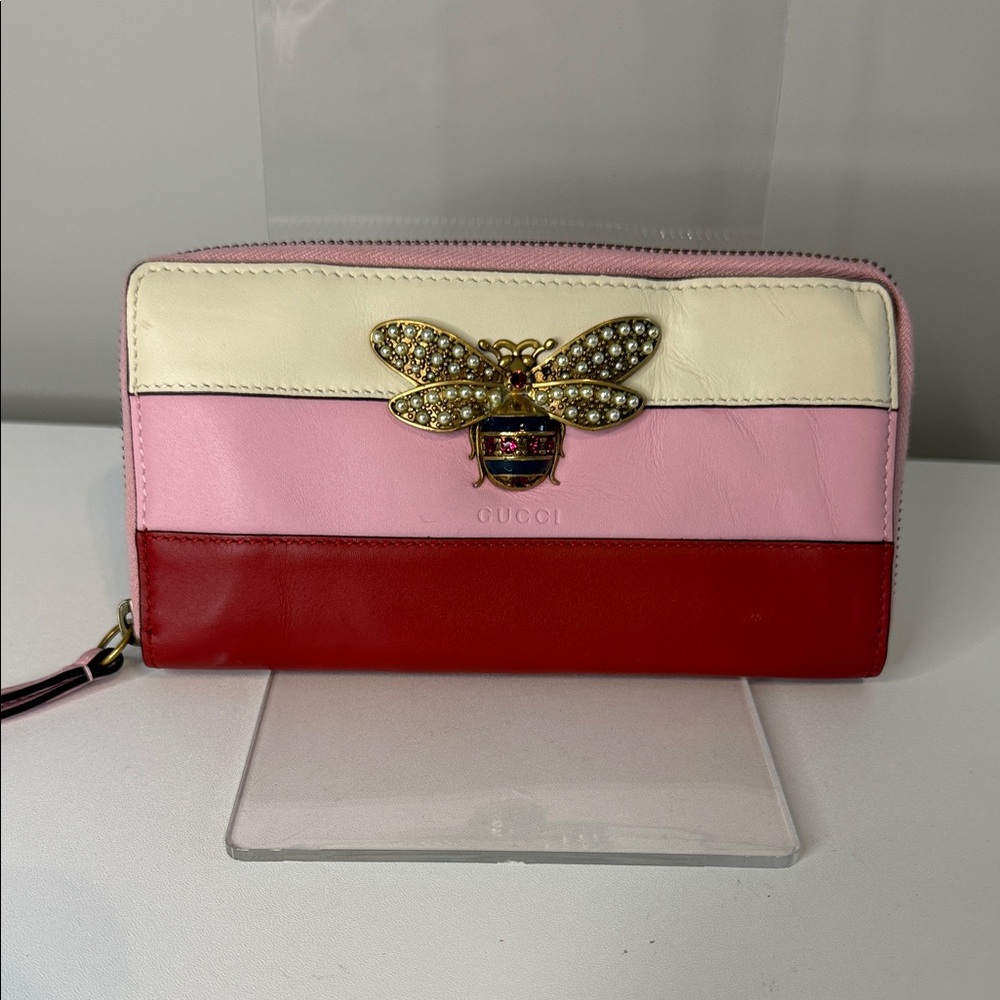 Gucci Queen Margaret Leather Zip Around Wallet - Tricolor Pearl Embellished Bee